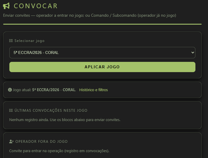 Painel Convocar: selecionar jogo, jogo atual, últimas convocações e início do bloco Operador fora do jogo.